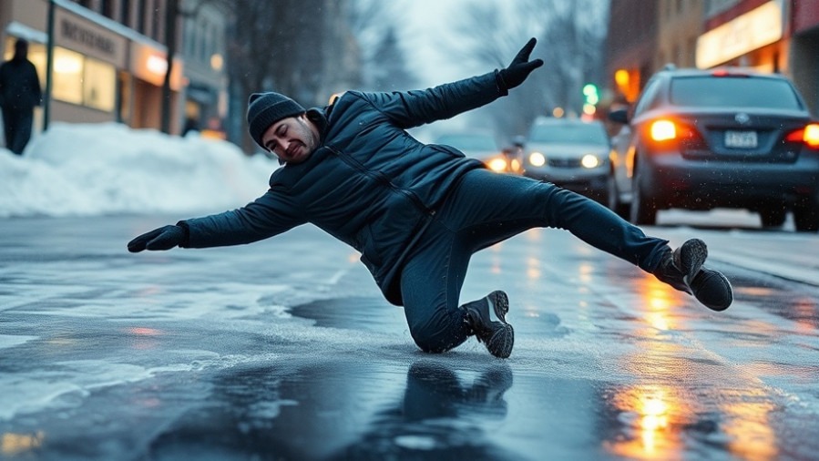 Man slipping on ice during San Antonio ice storm, highlighting Texas weather alerts.