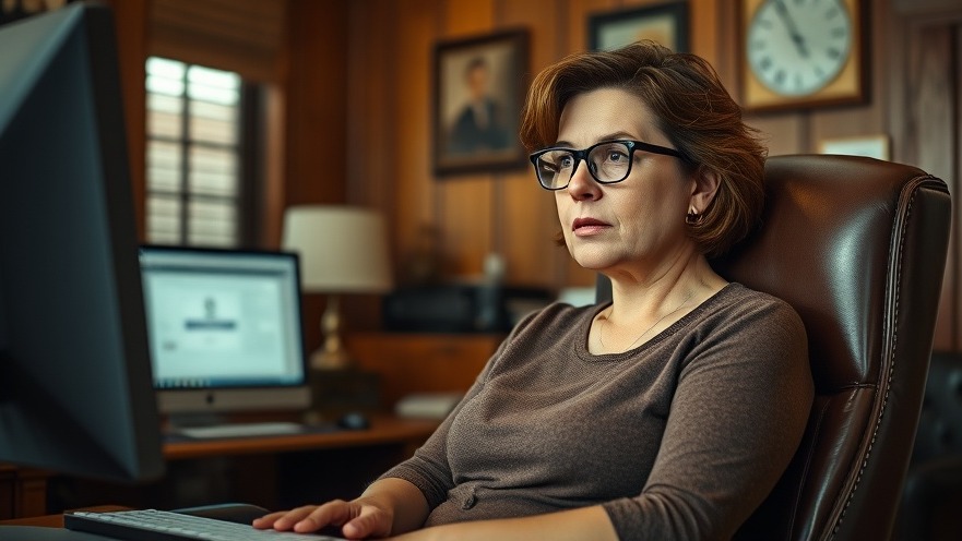 Focused woman discussing financial fraud in a vintage office setting.