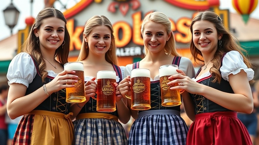 Houston Oktoberfest events: Women in traditional dirndl attire holding beers