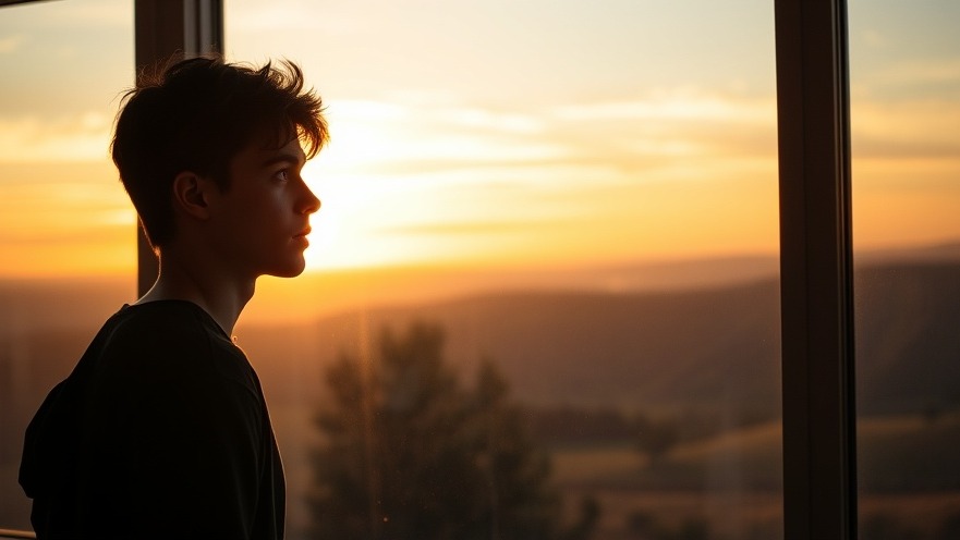 Teen boy reflecting on digital minimalism and screen time impact, sunset backdrop.