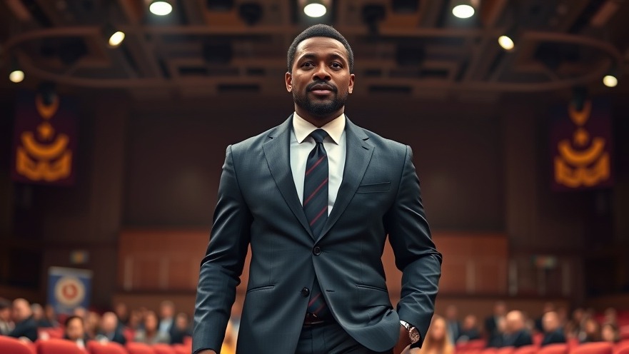 Confident black man in a suit speaking on stage, sharing NFL news and NBA highlights.