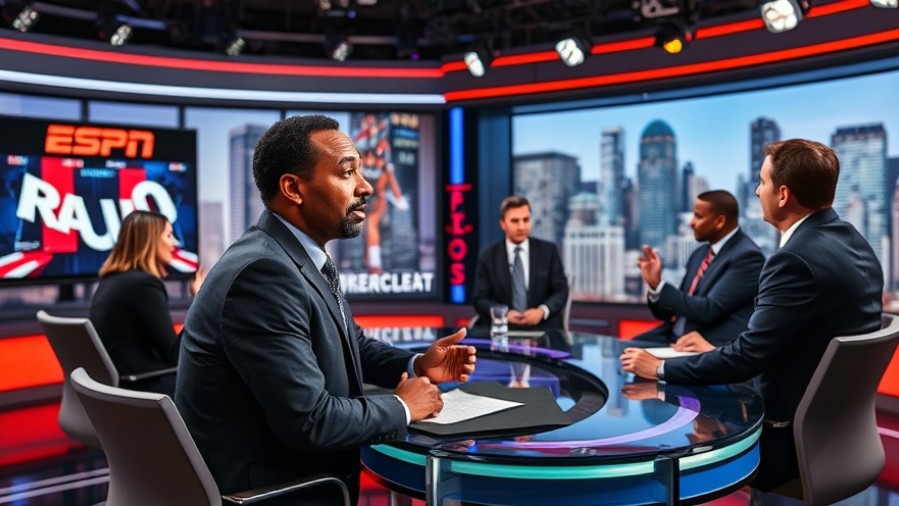 Stephen A. Smith and hosts discussing athlete struggles in a vibrant ESPN studio, enhancing mental health through sports storytelling.