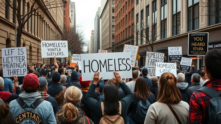 Protesters advocating for vagrant shelter safety in Austin, amidst urban backdrop.
