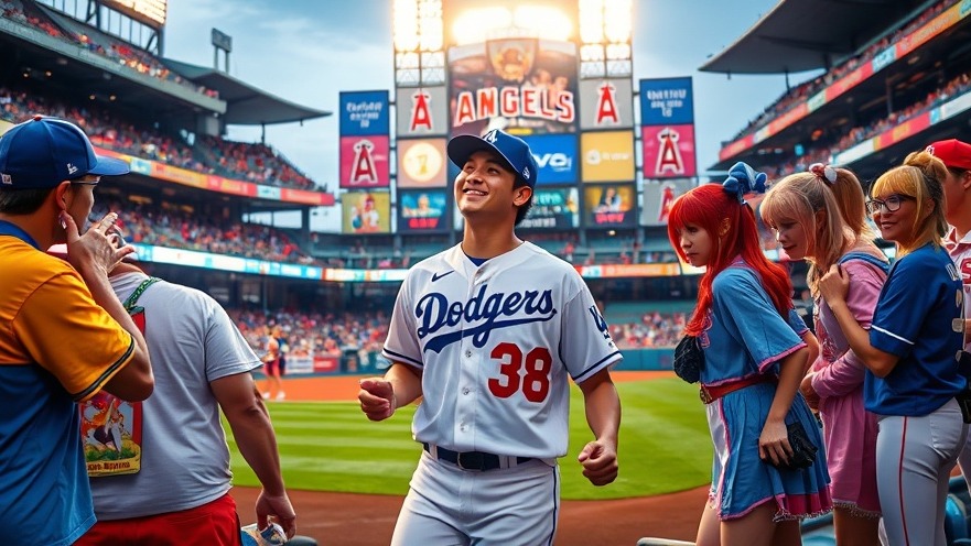 Shohei Ohtani in a Dodgers uniform engages with fans in Sailor Moon outfits, showcasing MLB cultural impact.