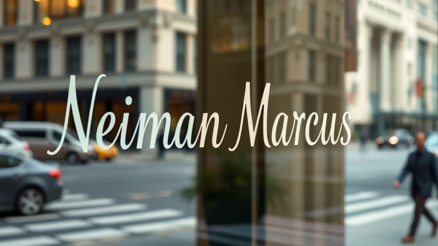 Neiman Marcus logo reflecting Dallas business news in a city street view.
