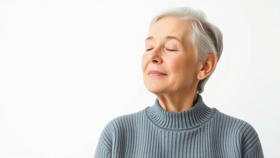 Calm senior woman offering mental health techniques for stress relief and sleep habits.