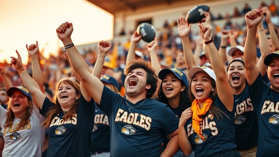 Excited Georgia Southern Eagles fans celebrating in sunset-lit stadium.