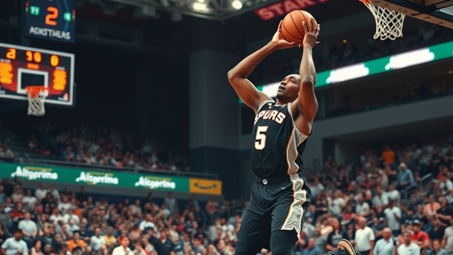 Black SPURS player showcases athlete mental resilience in dynamic basketball shot.