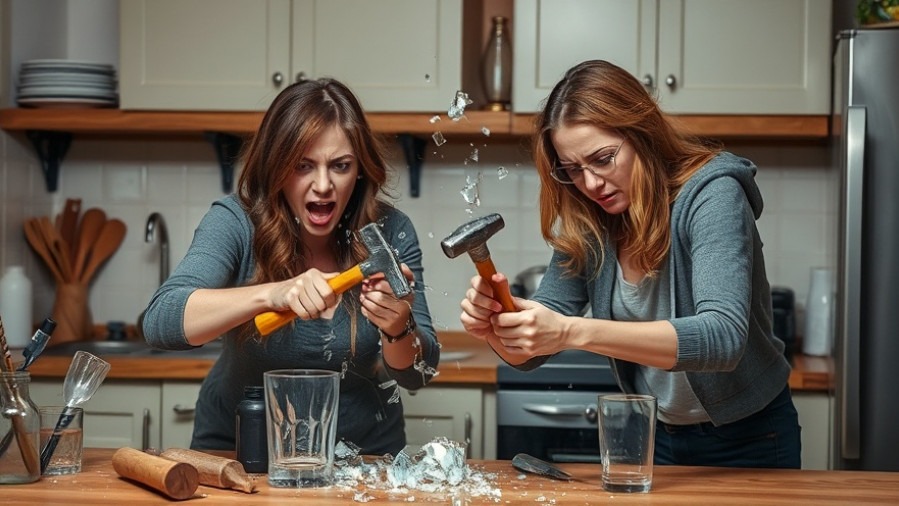 Angry women using hammers to smash broken glasses, showcasing stress relief strategies.
