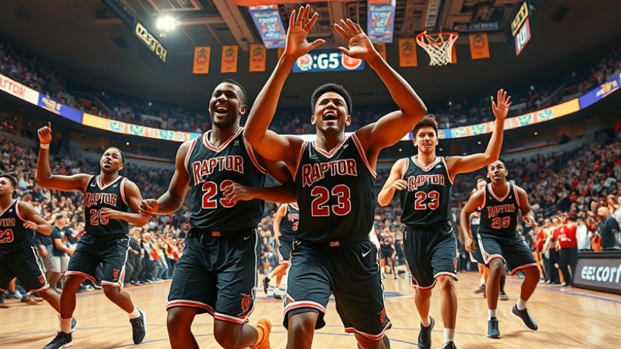 Energetic NBA highlights with 'RAPTOR' players celebrating in a packed arena.