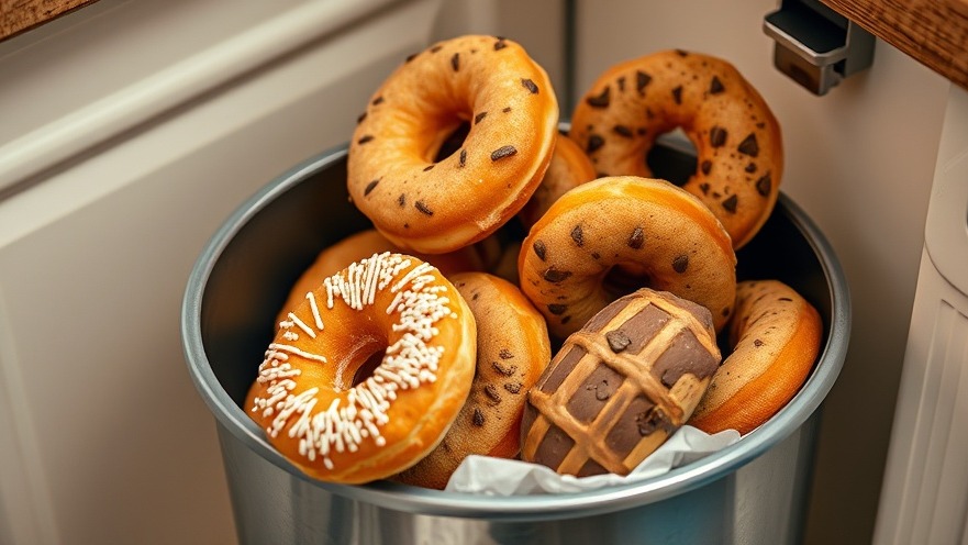 Donuts and cookies discarded in a kitchen garbage can, promoting mental wellness for seniors.