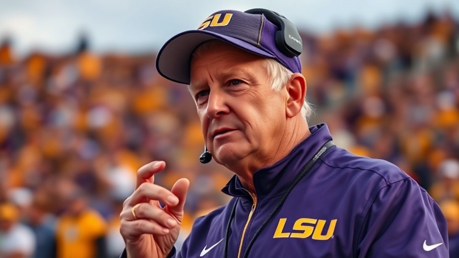 Serious older LSU football coach deep in thought during game, reflecting on Brian Kelly termination.