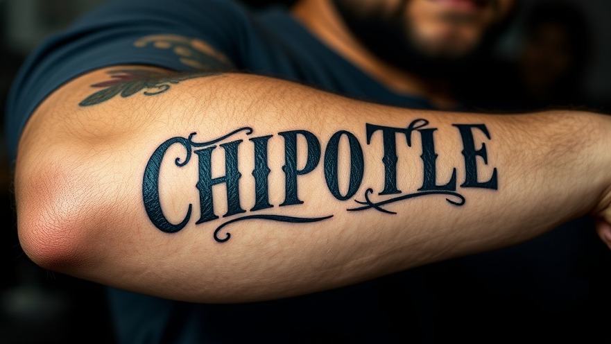 Man's arm featuring 'CHIPOTLE' tattoo for Swae Lee tattoo collaboration promotion