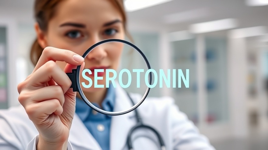 Female doctor examining 'SEROTONIN' in a modern clinic, highlighting serotonin and mental health.