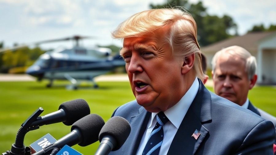 Trump speaking to press on health news with helicopter backdrop, photorealistic detail.