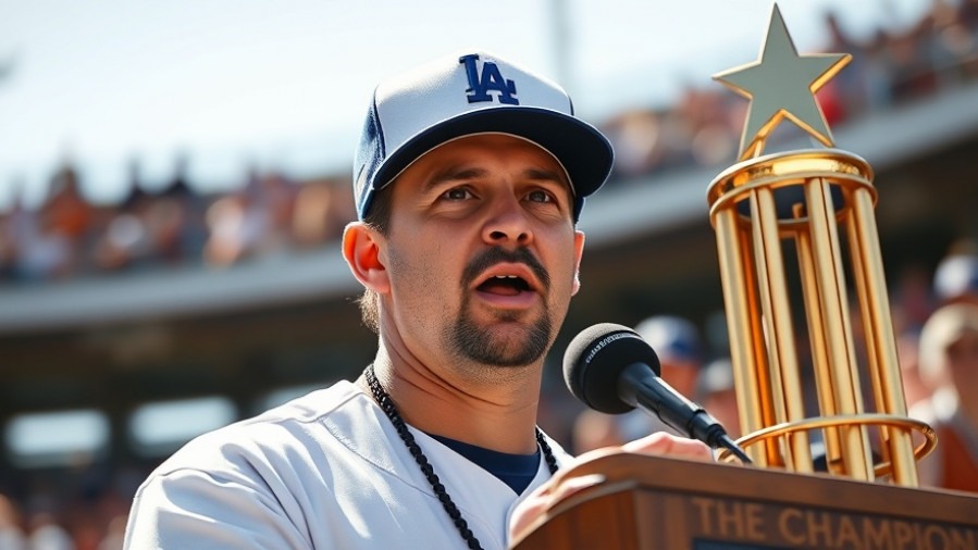 Celebratory Dodgers player at outdoor event with trophy, sharing MLB updates.