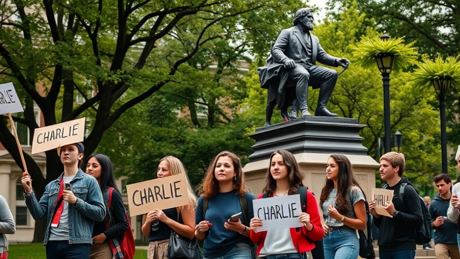 Protesting students advocating for free speech on college campuses, historic statue backdrop.