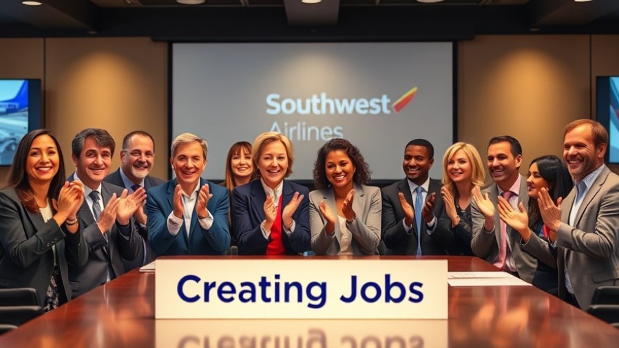 Diverse professionals celebrate job growth in Texas at a Southwest Airlines meeting.