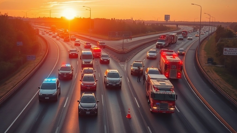 Aerial view of highway accident response highlighting motorcycle safety and community awareness.