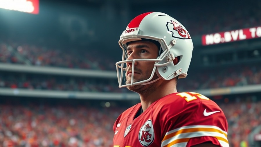 Photorealistic Patrick Mahomes stats, focused in Chiefs gear, stadium blurred.
