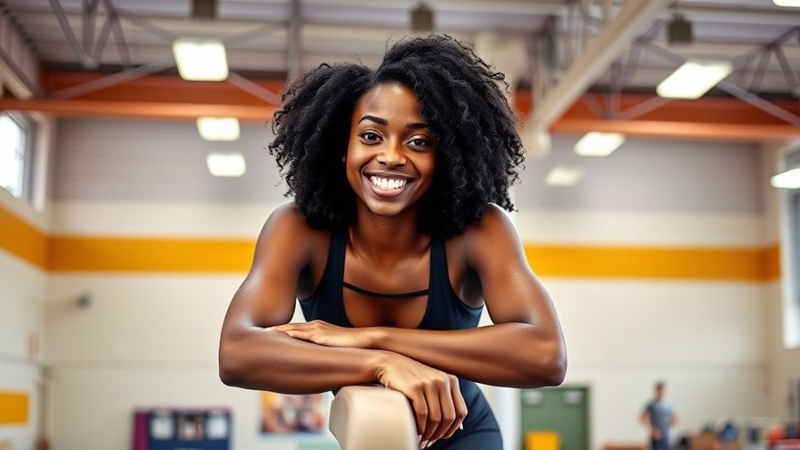 Confident black woman on gymnastics beam, showcasing youth gymnastics training.