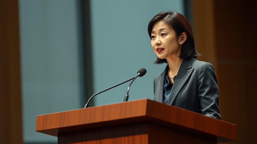 Japanese woman in business suit delivering political analysis at podium in snap election Japan.