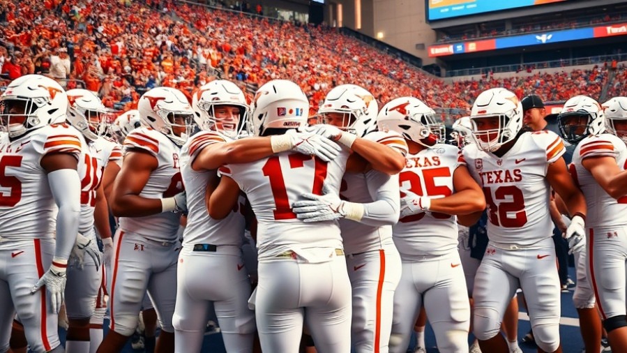 Dynamic celebration of Texas sports history with football players in a vibrant stadium.