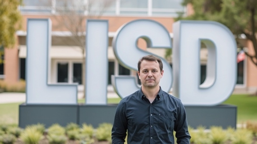 Man in front of LISD sign discussing school embezzlement and financial oversight.