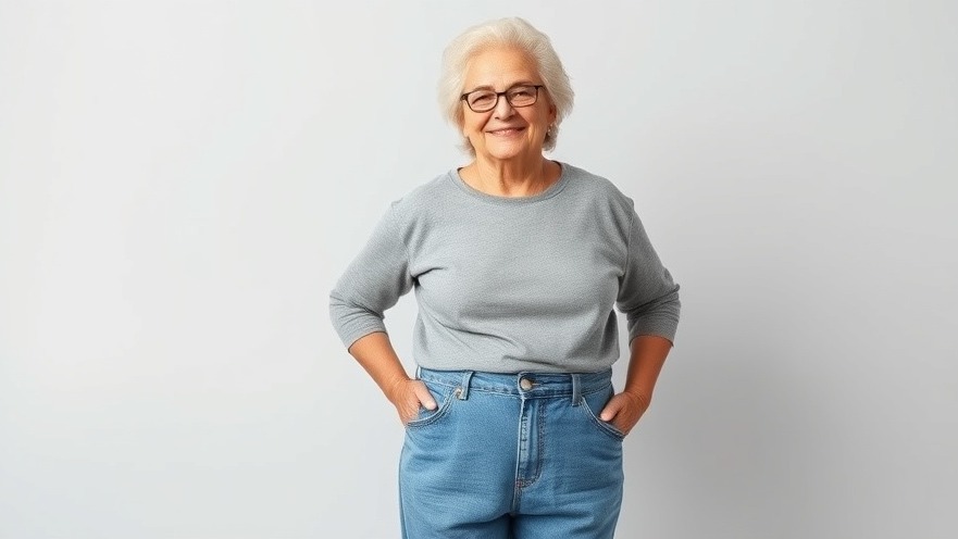 Smiling older woman showcases weight loss in oversized jeans, promoting natural medicine for weight loss.
