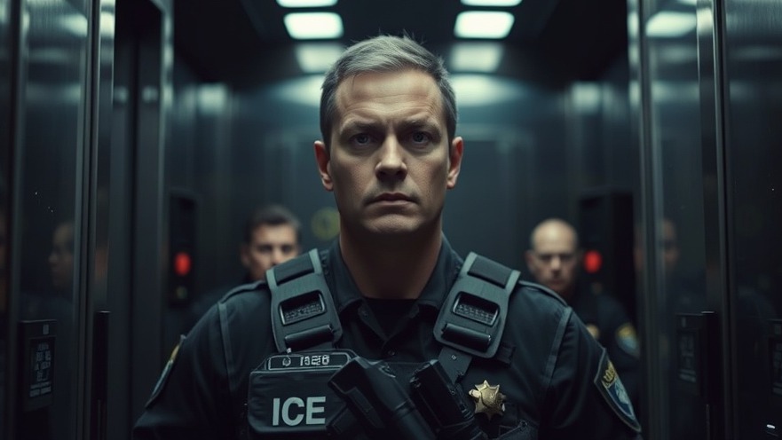 Focused 'ICE' officer in tactical gear addressing online threats in a dim elevator.