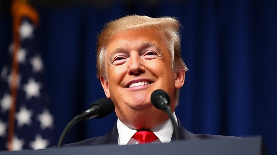 Photorealistic image of Trump smiling confidently at a podium, reflecting U.S. government news.