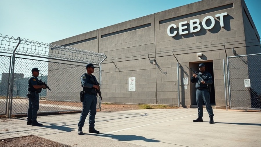 Secure detention facility highlighting Trump's immigration policy, with guards and barbed wire.