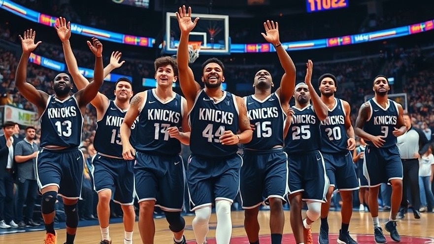 Excited Knicks players celebrating victory in NBA Finals comeback, vibrant arena scene.