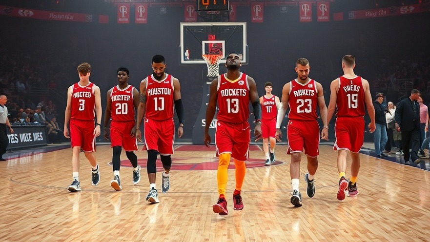 Houston Rockets players in red uniforms walking off court after NBA game recap.