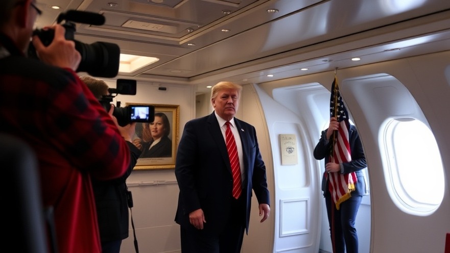 Trump speaking to reporters inside Air Force One; US news articles highlight breaking news today.