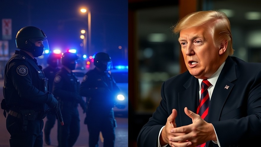 Law enforcement officers at night and Trump speaking indoors, reflecting national political news.