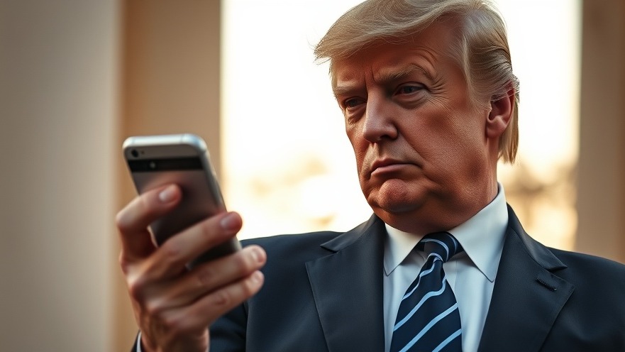 Trump examining a smartphone, embodying government cybersecurity in stunning light.