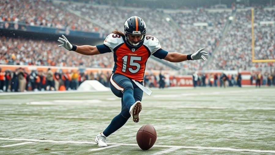 Broncos kicker focused on field goal attempt during AFC Championship game in snowy conditions.