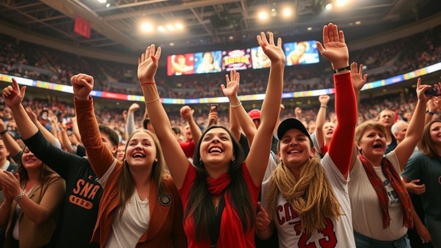 Joyous fans celebrating basketball highlights in the arena.