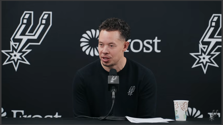 San Antonio Spurs news conference with player and coach, team strategy.