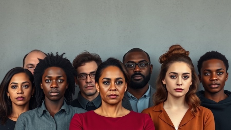 Serious diverse group of people against gray wall, reflecting austin crime reports.