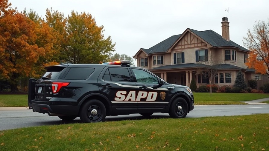 SAPD police vehicle in autumn residential area, reflecting San Antonio crime reports.