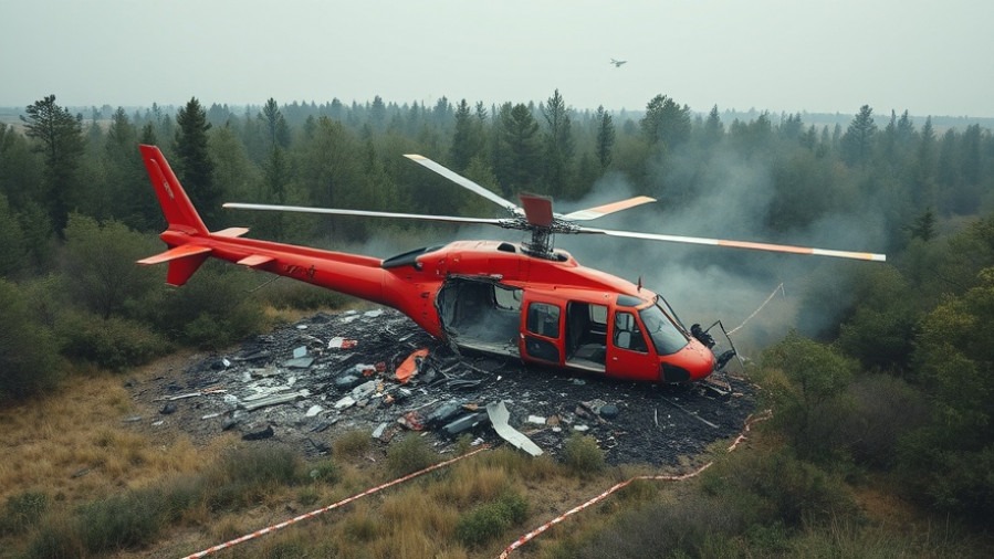 Crashed red helicopter on fire, highlighting aviation safety and national news on helicopter accidents.