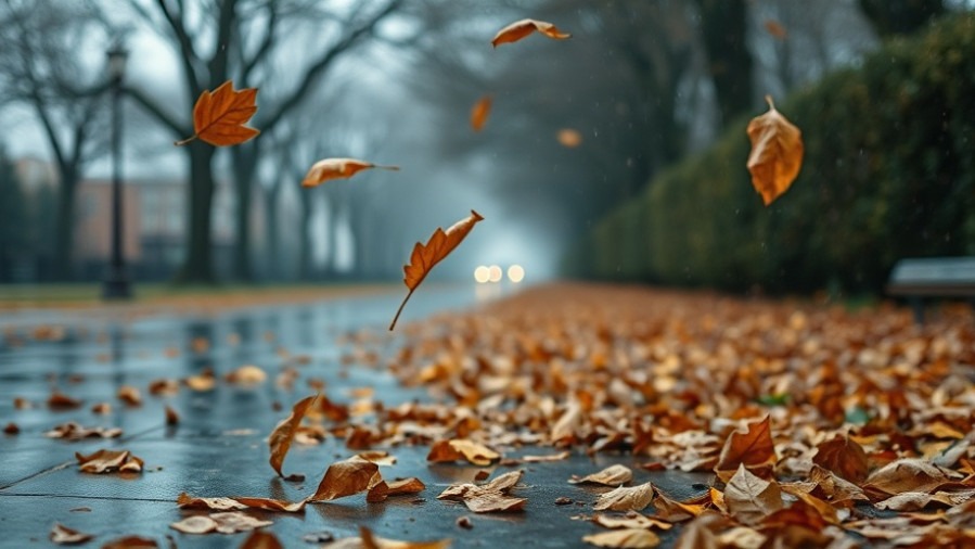 Cold, wet weather with leaves blowing in Central Texas storms during the Austin rain forecast.