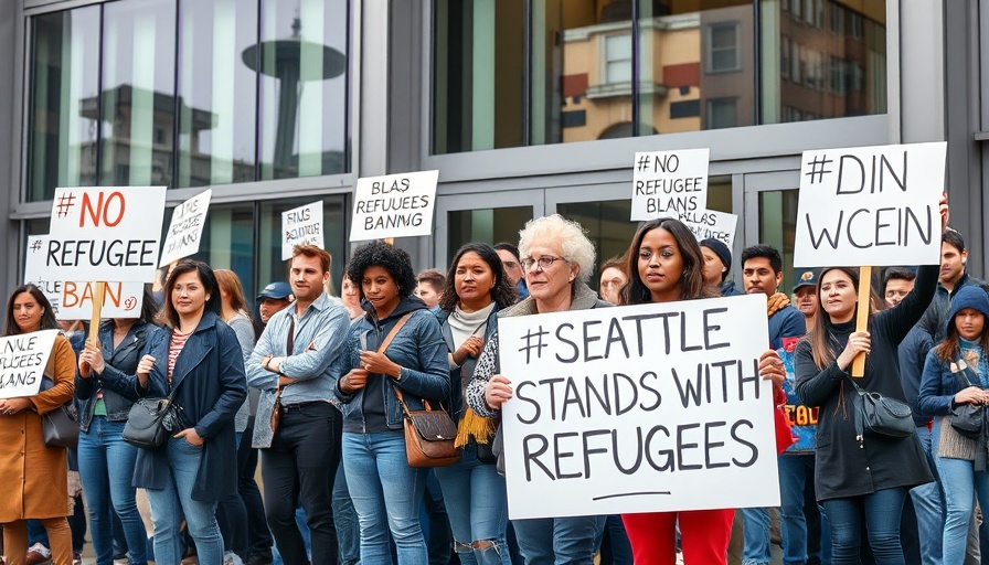 Protesters against Trump refugee ban outside modern building.