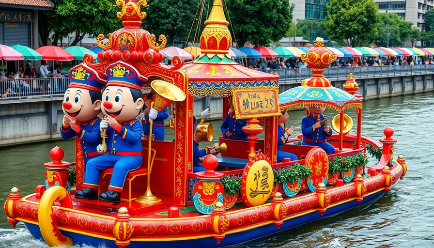 Mardi Gras in San Antonio boat with mascots and musicians.