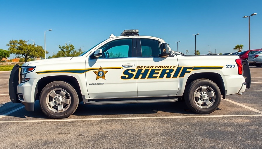 Bexar County Sheriff's vehicle in parking lot related to domestic violence incidents in Bexar County.