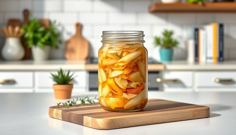 Homemade sauerkraut in a jar with cookbooks and plant.