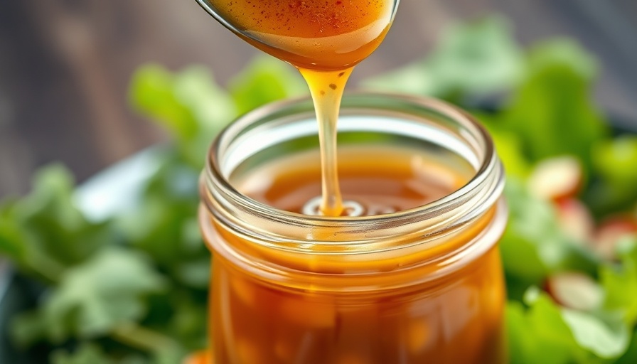 Sweet Asian salad dressing in jar with spoon, sesame seeds, bright lighting.