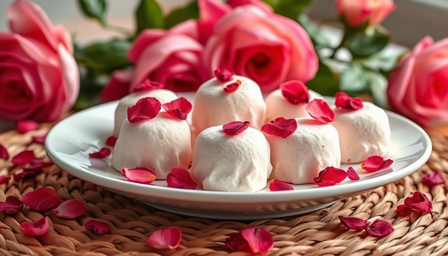 Hibiscus rose herbal marshmallows on a platter with rose petals.